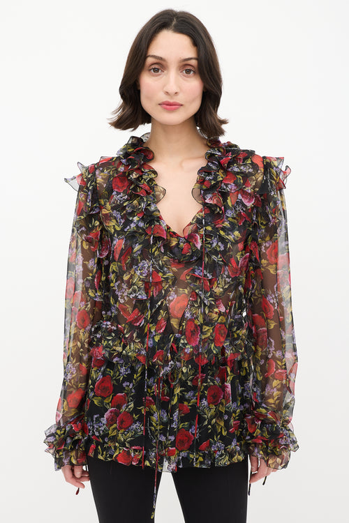 Dolce & Gabbana Black & Multi Floral Tie Ruffle Blouse