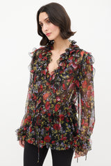 Dolce & Gabbana Black & Multi Floral Tie Ruffle Blouse