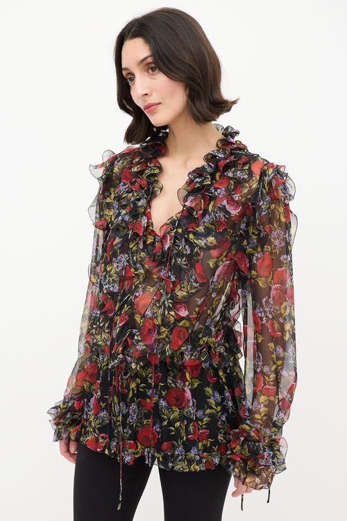 Dolce & Gabbana Black & Multi Floral Tie Ruffle Blouse