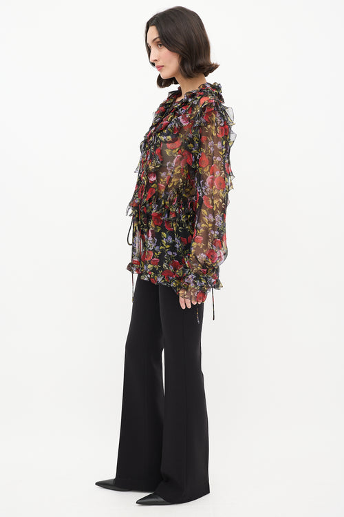 Dolce & Gabbana Black & Multi Floral Tie Ruffle Blouse