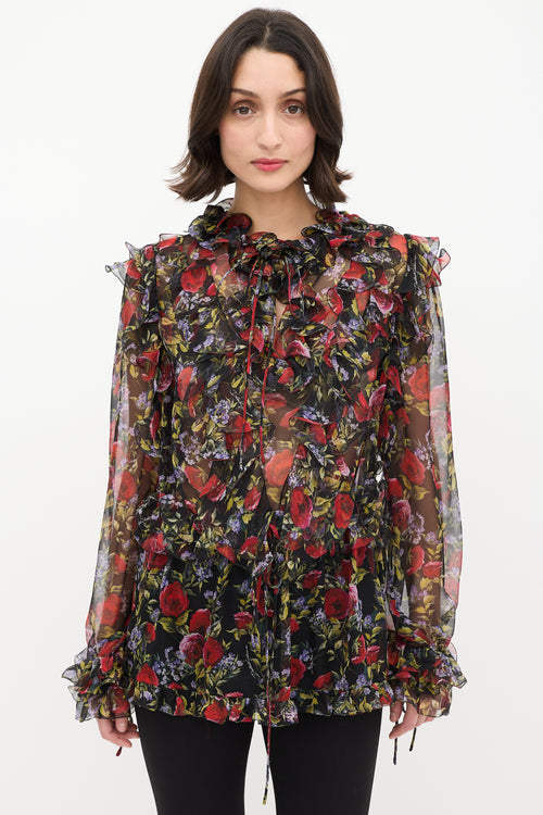 Dolce & Gabbana Black & Multi Floral Tie Ruffle Blouse