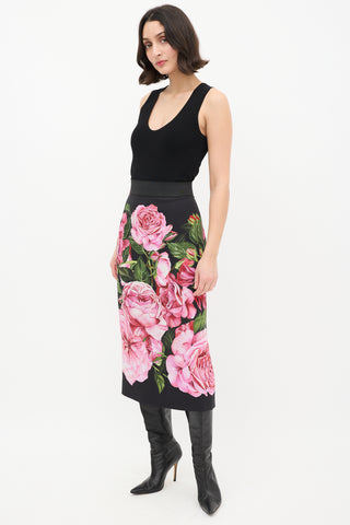 Dolce & Gabbana Black & Multi Satin Floral Midi Skirt