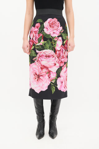 Dolce & Gabbana Black & Multi Satin Floral Midi Skirt