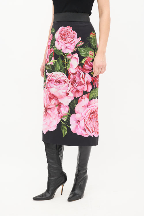 Dolce & Gabbana Black & Multi Satin Floral Midi Skirt