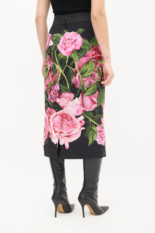 Dolce & Gabbana Black & Multi Satin Floral Midi Skirt