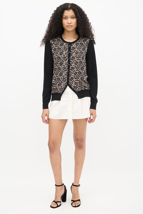 Dolce & Gabbana Black Wool & Beige Silk Lace Print Cardigan