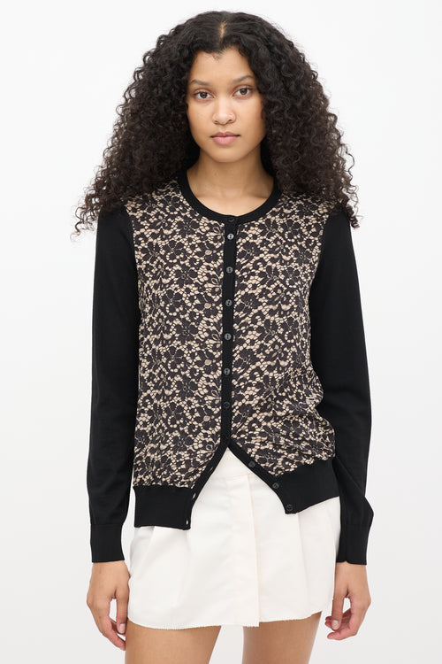 Dolce & Gabbana Black Wool & Beige Silk Lace Print Cardigan