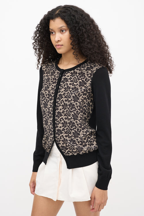 Dolce & Gabbana Black Wool & Beige Silk Lace Print Cardigan