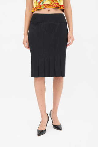 Dolce & Gabbana Black Wool Kick Pleated Midi Skirt