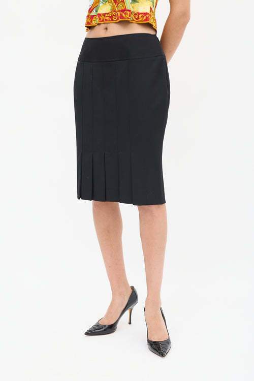 Dolce & Gabbana Black Wool Kick Pleated Midi Skirt