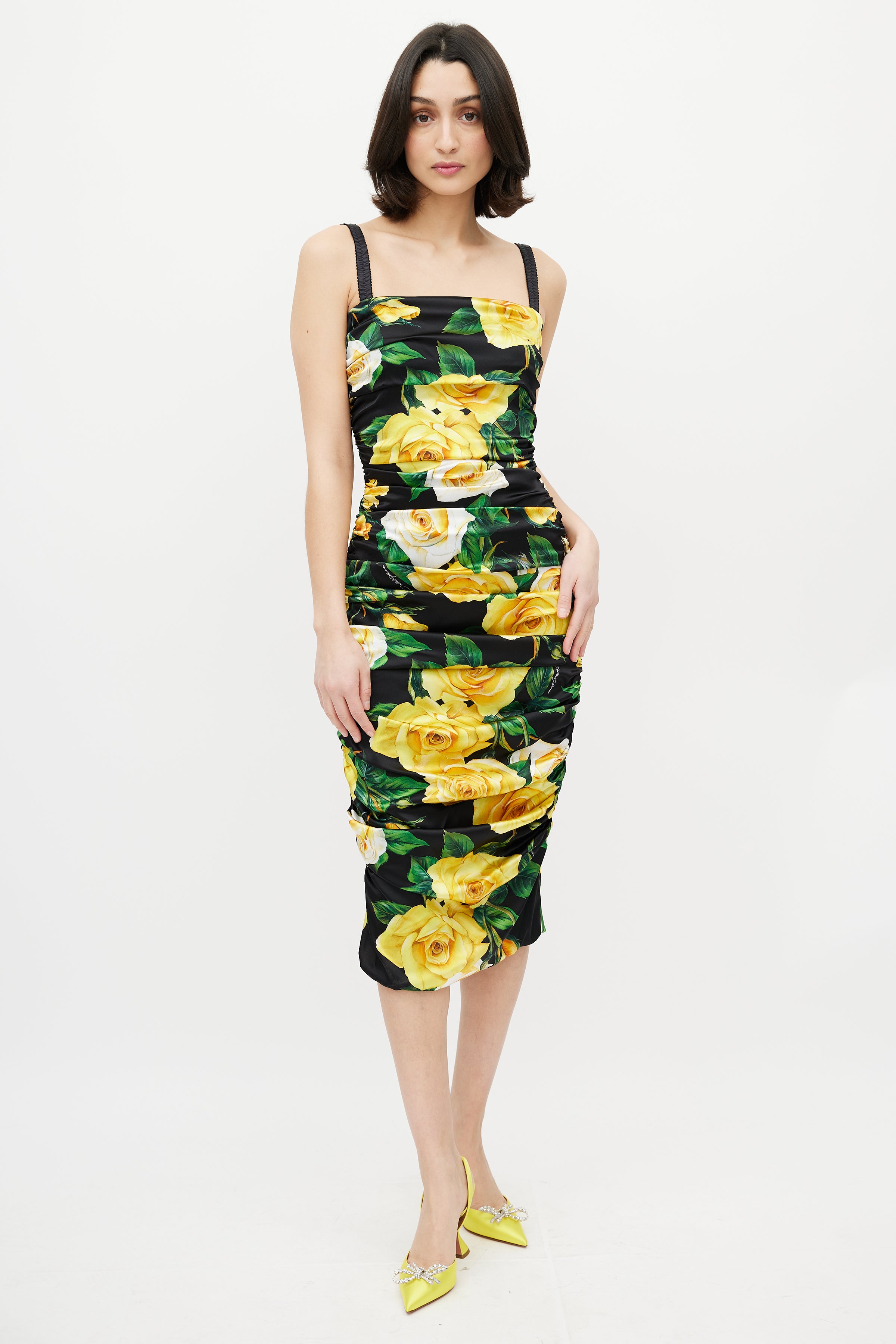 Dolce & Gabbana // Black & Yellow Silk Floral Ruched Dress VSP Consignment Dolce & Gabbana // Black & Yellow Silk Floral Ruched Dress VSP Consignment