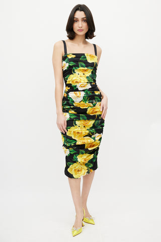 Dolce & Gabbana Black & Yellow Silk Floral Ruched Dress