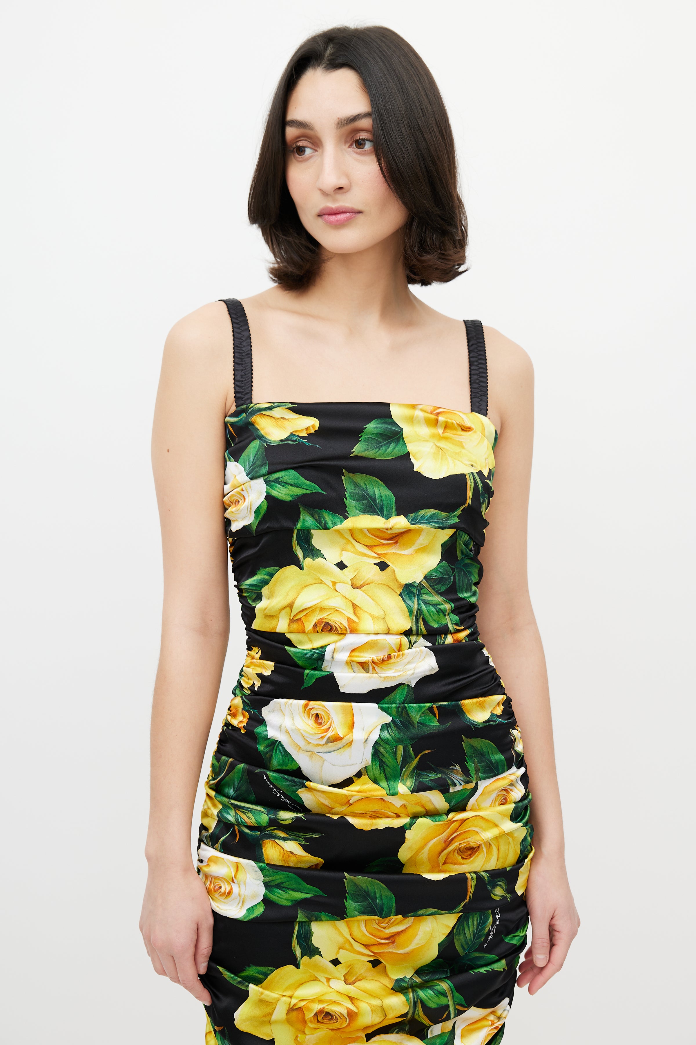 Dolce & Gabbana // Black & Yellow Silk Floral Ruched Dress VSP Consignment Dolce & Gabbana // Black & Yellow Silk Floral Ruched Dress VSP Consignment