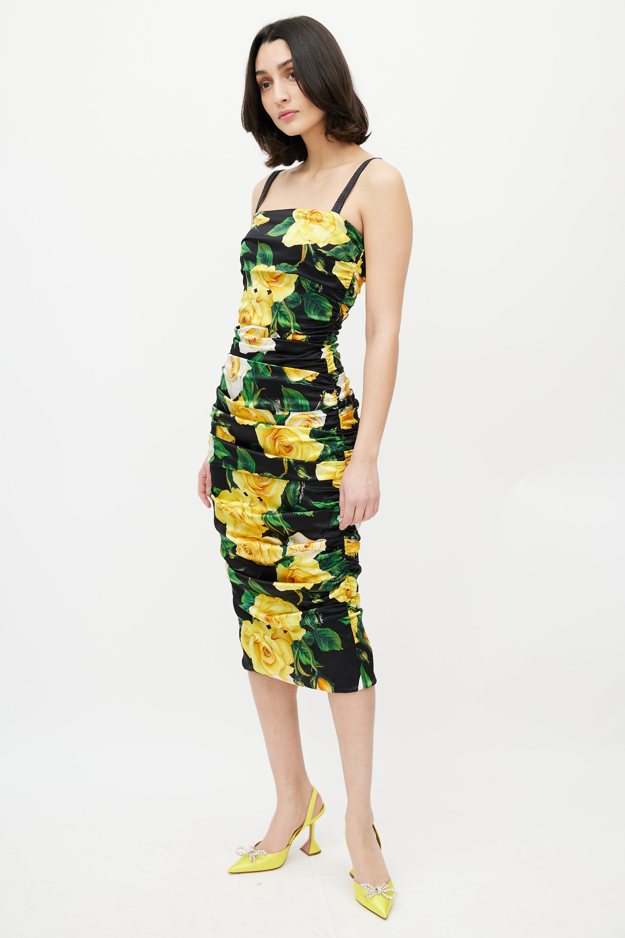 Dolce & Gabbana // Black & Yellow Silk Floral Ruched Dress VSP Consignment Dolce & Gabbana // Black & Yellow Silk Floral Ruched Dress VSP Consignment