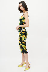 Dolce & Gabbana Black & Yellow Silk Floral Ruched Dress