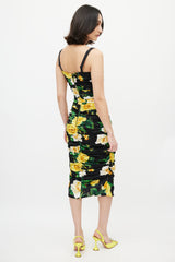 Dolce & Gabbana Black & Yellow Silk Floral Ruched Dress