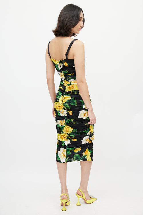 Dolce & Gabbana Black & Yellow Silk Floral Ruched Dress