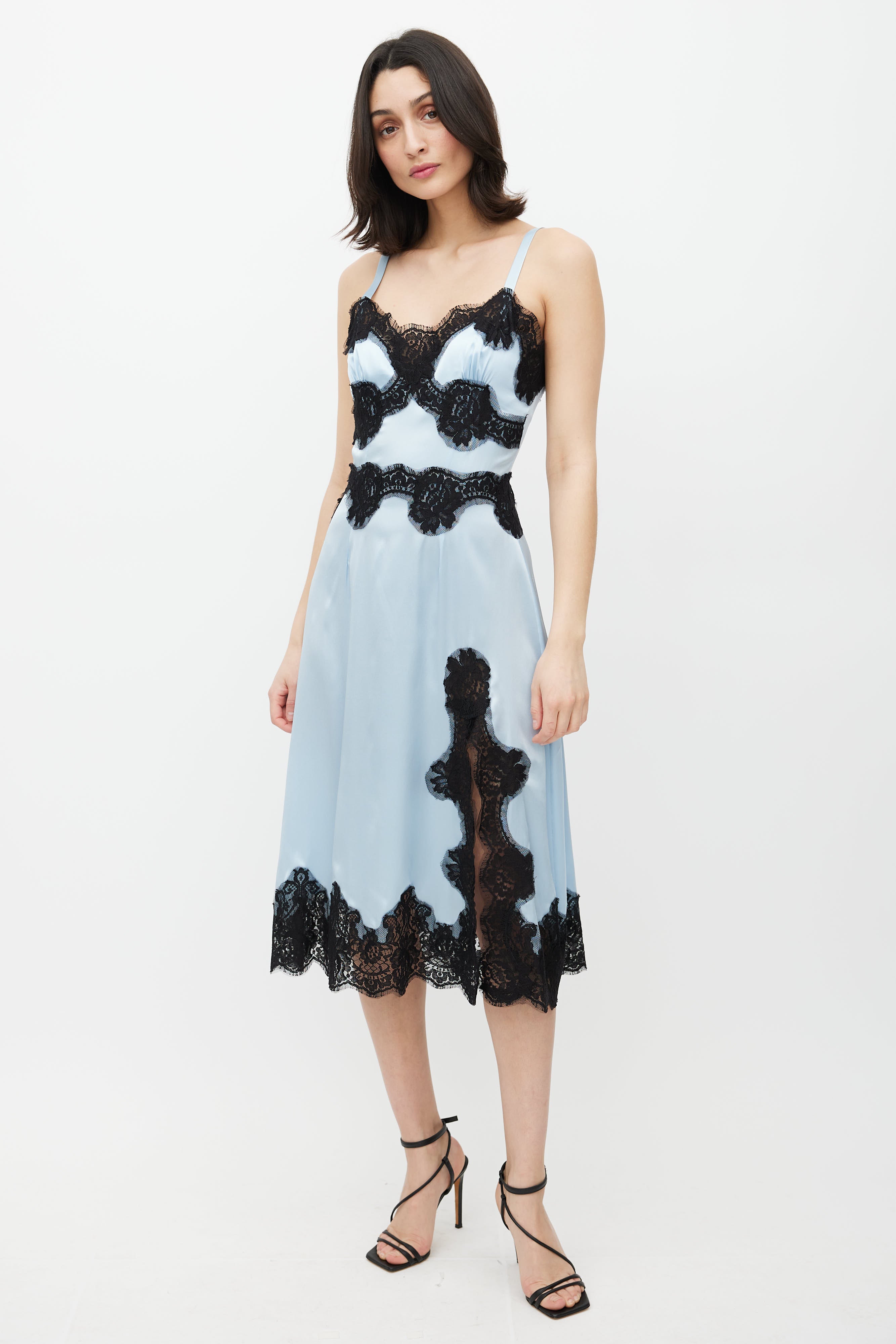 Dolce & Gabbana // Blue & Black Lace Satin Dress VSP Consignment Dolce & Gabbana // Blue & Black Lace Satin Dress VSP Consignment
