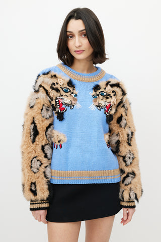 Dolce & Gabbana Blue & Brown Wool Fuzzy Print Sweater