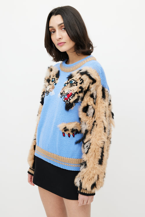 Dolce & Gabbana Blue & Brown Wool Fuzzy Print Sweater