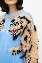 Dolce & Gabbana Blue & Brown Wool Fuzzy Print Sweater