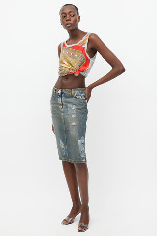 Dolce & Gabbana Blue Denim Wash Distressed Paint Skirt