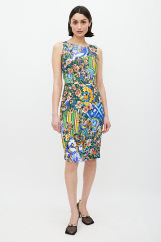 Dolce & Gabbana Blue & Multicolour Majolica Floral Dress