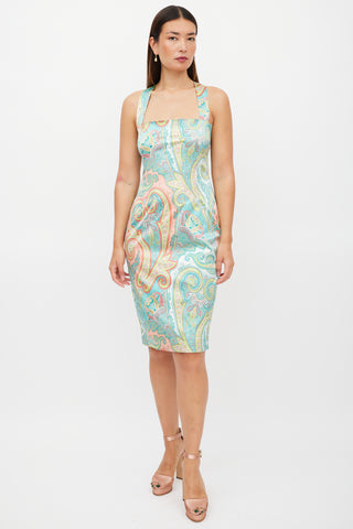 Dolce & Gabbana Blue & Multicolour Satin Paisley Dress