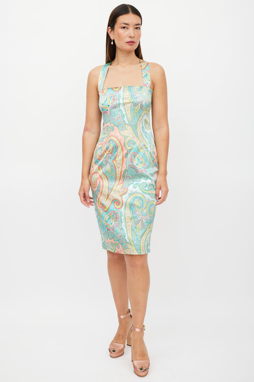 Dolce & Gabbana Blue & Multicolour Satin Paisley Dress
