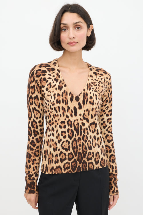 Dolce & Gabbana Brown Cashmere Printed V-Neck Sweater