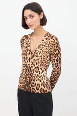 Dolce & Gabbana Brown Cashmere Printed V-Neck Sweater
