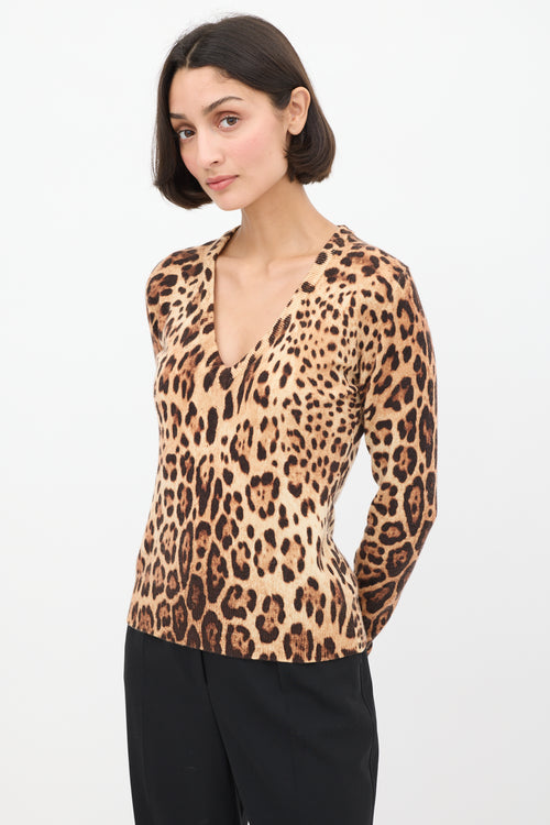 Dolce & Gabbana Brown Cashmere Printed V-Neck Sweater