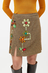 Dolce & Gabbana Brown & Multicolour Embellished Wool Skirt