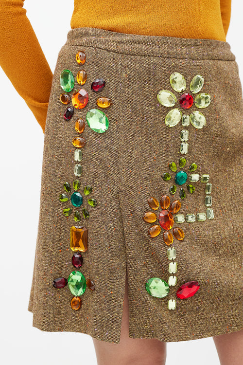 Dolce & Gabbana Brown & Multicolour Embellished Wool Skirt