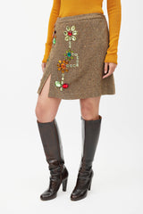 Dolce & Gabbana Brown & Multicolour Embellished Wool Skirt