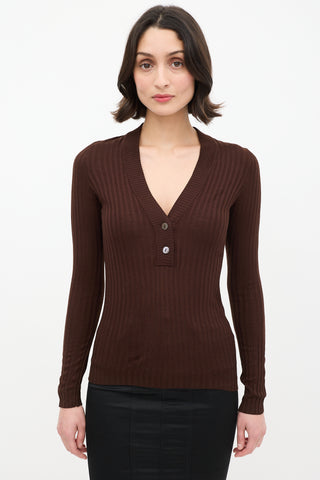 Dolce & Gabbana Brown Wool Button Up V-Neck Top