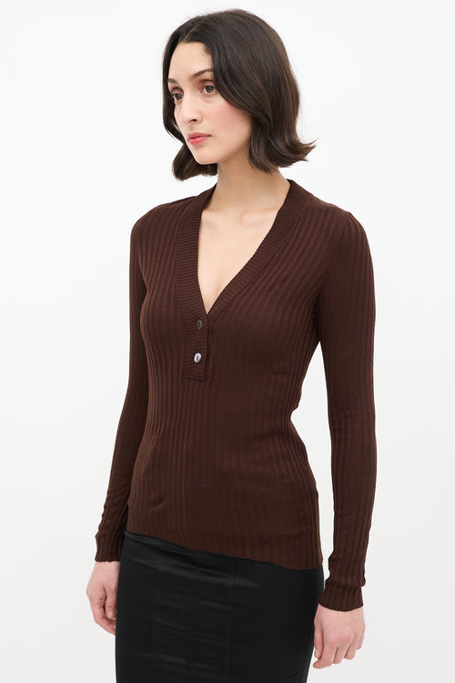 Dolce & Gabbana Brown Wool Button Up V-Neck Top