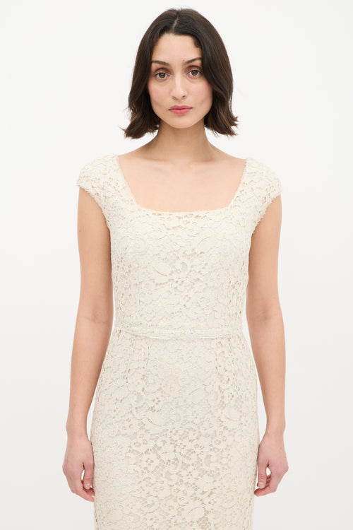 Dolce & Gabbana Cream Floral Lace Overlay Sheath Dress