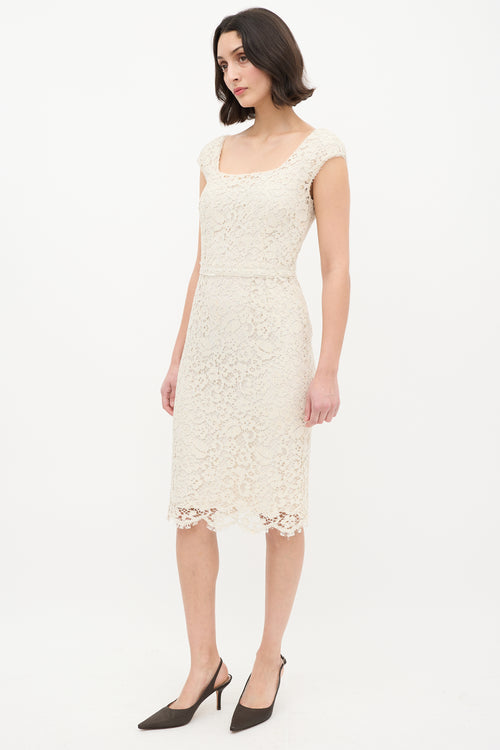 Dolce & Gabbana Cream Floral Lace Overlay Sheath Dress