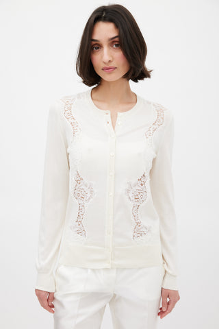 Dolce & Gabbana Cream Silk Floral Lace Panelled Cardigan