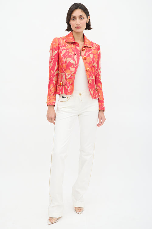 Dolce & Gabbana D&G Fuchsia & Orange Floral Brocade JacketDolce & Gabbana White & Gold Trim Slim Leg Jeans