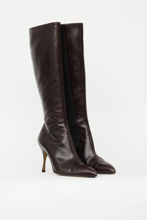 Dolce & Gabbana Dark Brown Leather Elasticized Knee High Boot