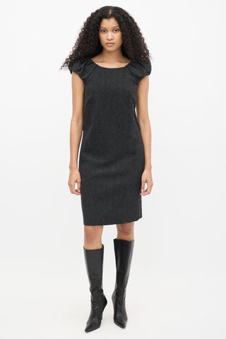 Dolce & Gabbana Dark Grey Wool Herringbone Puff Sleeve Dress