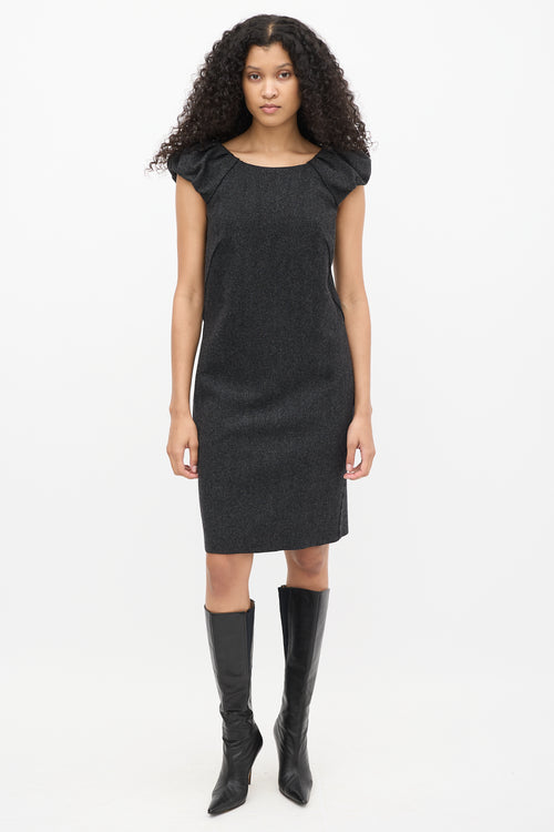 Dolce & Gabbana Dark Grey Wool Herringbone Puff Sleeve Dress