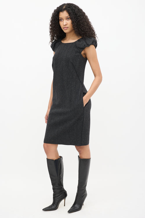 Dolce & Gabbana Dark Grey Wool Herringbone Puff Sleeve Dress