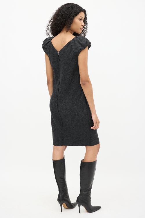 Dolce & Gabbana Dark Grey Wool Herringbone Puff Sleeve Dress