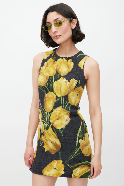 Dolce & Gabbana Dark Grey & Yellow Wool Floral Dress