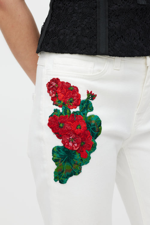 Dolce & Gabbana Denim White & Multicolour Floral Applique Girly Jeans