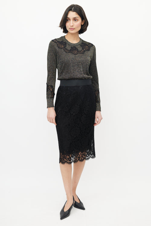 Dolce & Gabbana Gold & Black Floral Glitter Sweater