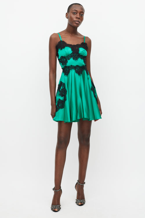 Dolce & Gabbana Green & Black Silk & Lace Mini Dress